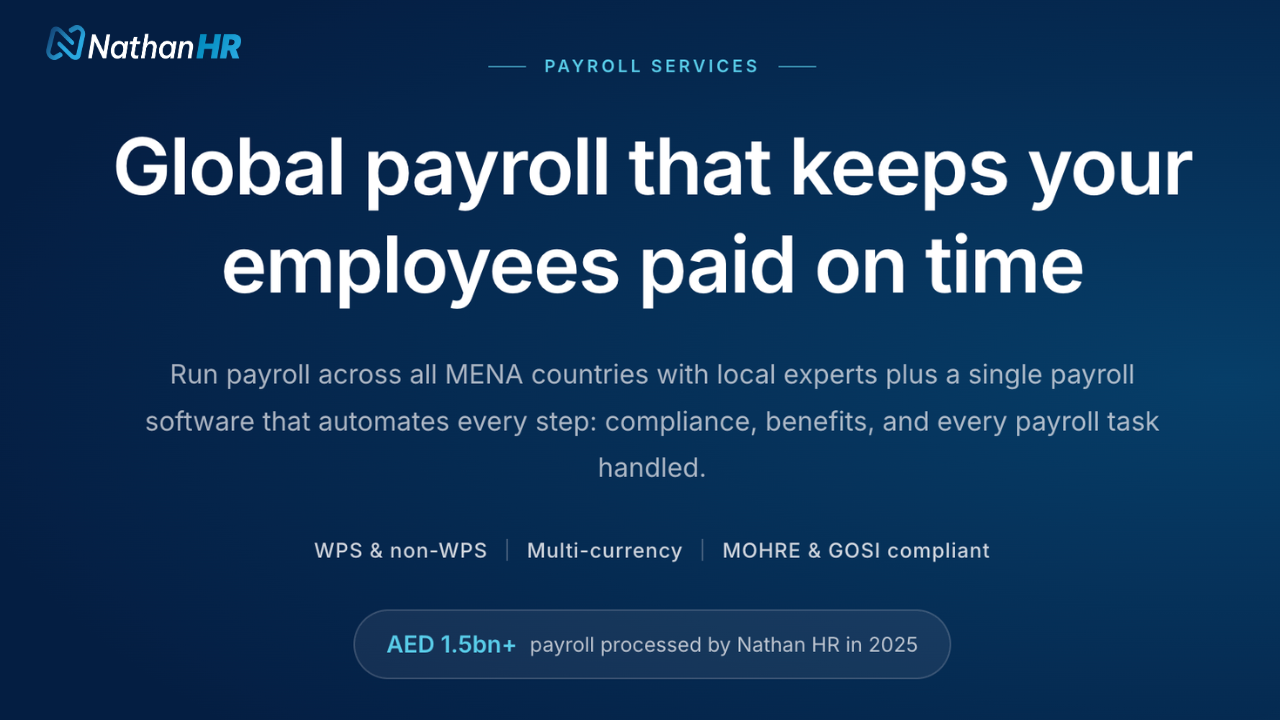 Nathan HR Payroll Services graphic highlighting global payroll across MENA, WPS and non-WPS processing, multi-currency support, MOHRE and GOSI compliance, and AED 1.5bn+ in payroll processed in 2025.